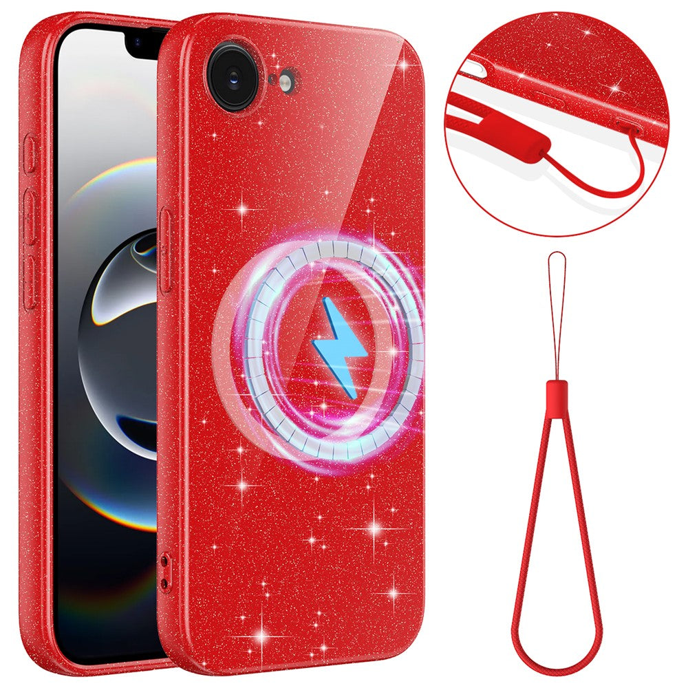 For iPhone 16e  /  17e Magnetic Case Glitter TPU Shockproof Phone Cover with Lanyard