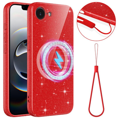For iPhone 16e  /  17e Magnetic Case Glitter TPU Shockproof Phone Cover with Lanyard