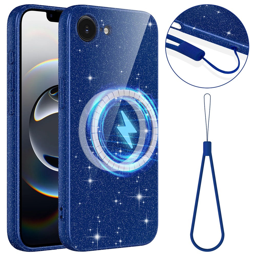 For iPhone 16e  /  17e Magnetic Case Glitter TPU Shockproof Phone Cover with Lanyard
