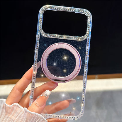 For iPhone 17 Pro Max Case Rhinestone Edge Glitter TPU + PC IMD Phone Cover with 360° Magnetic Ring Stand
