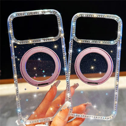 For iPhone 17 Pro Max Case Rhinestone Edge Glitter TPU + PC IMD Phone Cover with 360° Magnetic Ring Stand
