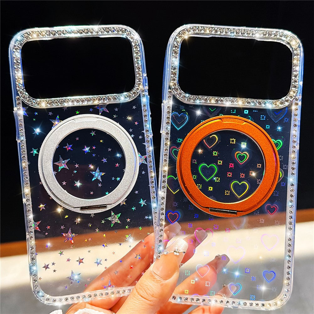 For iPhone 17 Pro Max Case Rhinestone Edge Glitter TPU + PC IMD Phone Cover with 360° Magnetic Ring Stand