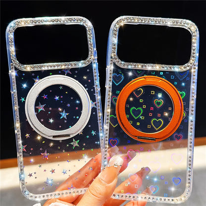 For iPhone 17 Pro Max Case Rhinestone Edge Glitter TPU + PC IMD Phone Cover with 360° Magnetic Ring Stand