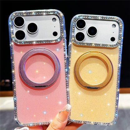 For iPhone 17 Pro Max Case Rhinestone Edge Glitter TPU + PC IMD Phone Cover with 360° Magnetic Ring Stand