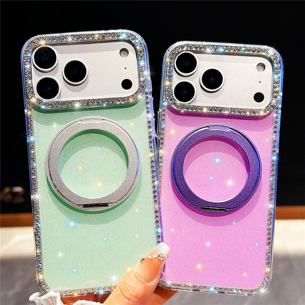 For iPhone 17 Pro Max Case Rhinestone Edge Glitter TPU + PC IMD Phone Cover with 360° Magnetic Ring Stand