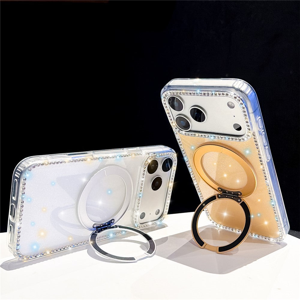 For iPhone 17 Pro Max Case Rhinestone Edge Glitter TPU + PC IMD Phone Cover with 360° Magnetic Ring Stand