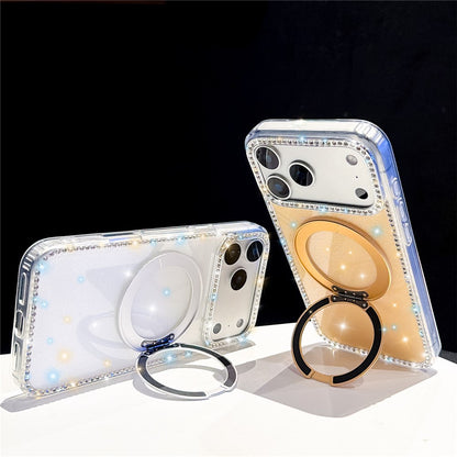For iPhone 17 Pro Max Case Rhinestone Edge Glitter TPU + PC IMD Phone Cover with 360° Magnetic Ring Stand