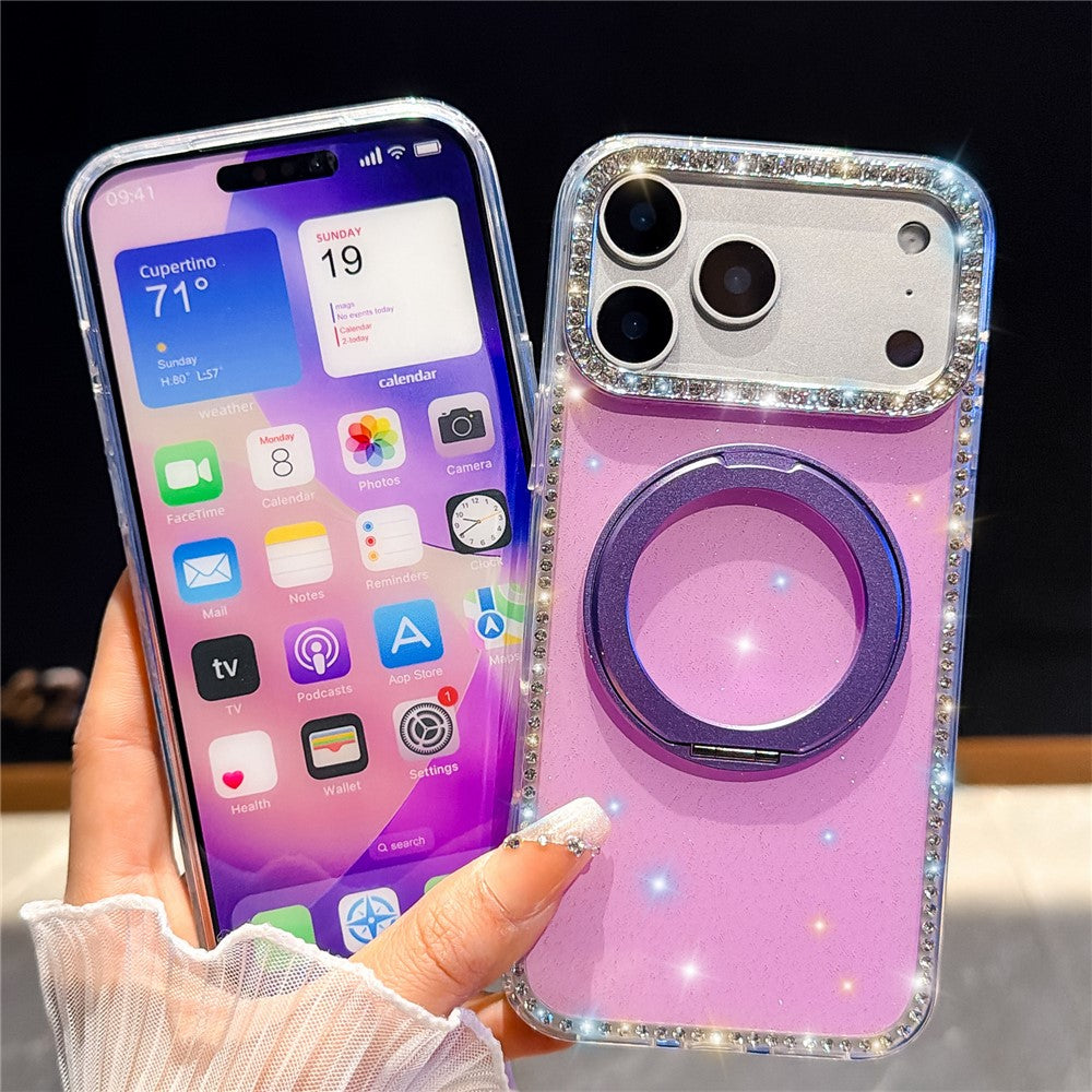 For iPhone 17 Pro Max Case Rhinestone Edge Glitter TPU + PC IMD Phone Cover with 360° Magnetic Ring Stand