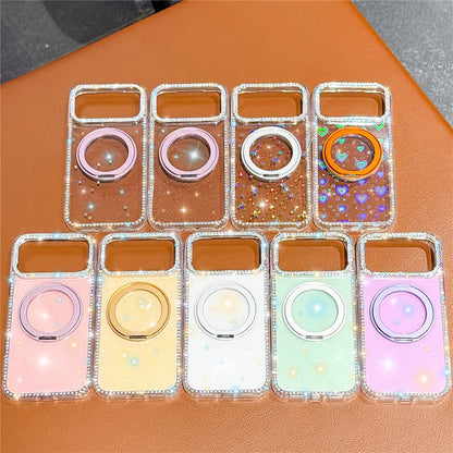 For iPhone 17 Pro Max Case Rhinestone Edge Glitter TPU + PC IMD Phone Cover with 360° Magnetic Ring Stand