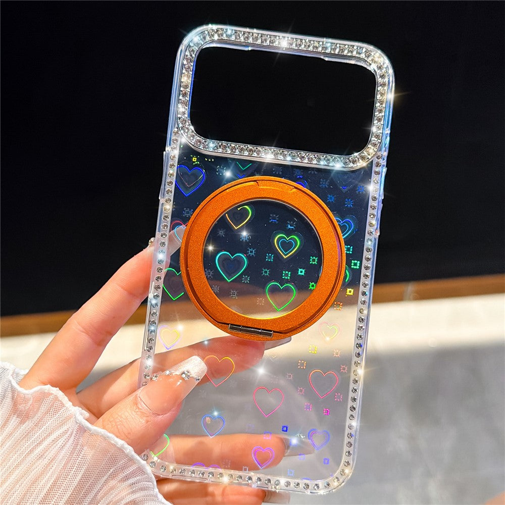 For iPhone 17 Pro Max Case Rhinestone Edge Glitter TPU + PC IMD Phone Cover with 360° Magnetic Ring Stand