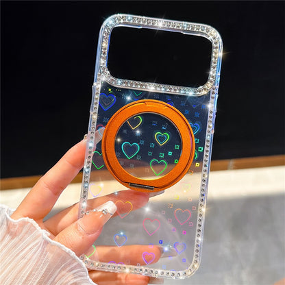 For iPhone 17 Pro Max Case Rhinestone Edge Glitter TPU + PC IMD Phone Cover with 360° Magnetic Ring Stand