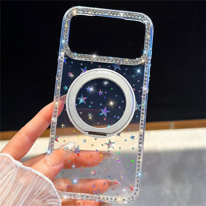For iPhone 17 Pro Max Case Rhinestone Edge Glitter TPU + PC IMD Phone Cover with 360° Magnetic Ring Stand