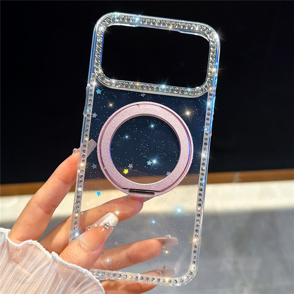 For iPhone 17 Pro Max Case Rhinestone Edge Glitter TPU + PC IMD Phone Cover with 360° Magnetic Ring Stand