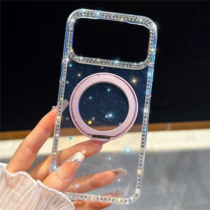 For iPhone 17 Pro Max Case Rhinestone Edge Glitter TPU + PC IMD Phone Cover with 360° Magnetic Ring Stand