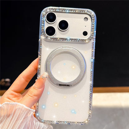For iPhone 17 Pro Max Case Rhinestone Edge Glitter TPU + PC IMD Phone Cover with 360° Magnetic Ring Stand