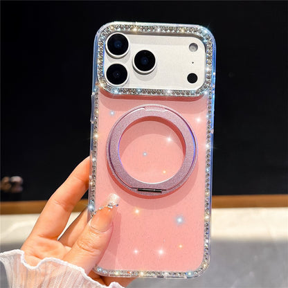 For iPhone 17 Pro Max Case Rhinestone Edge Glitter TPU + PC IMD Phone Cover with 360° Magnetic Ring Stand