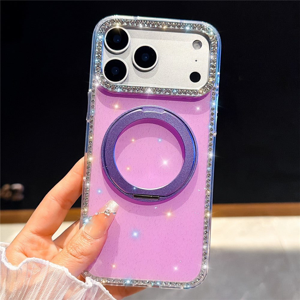 For iPhone 17 Pro Max Case Rhinestone Edge Glitter TPU + PC IMD Phone Cover with 360° Magnetic Ring Stand