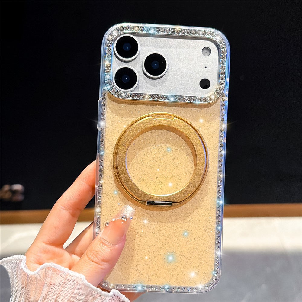 For iPhone 17 Pro Max Case Rhinestone Edge Glitter TPU + PC IMD Phone Cover with 360° Magnetic Ring Stand