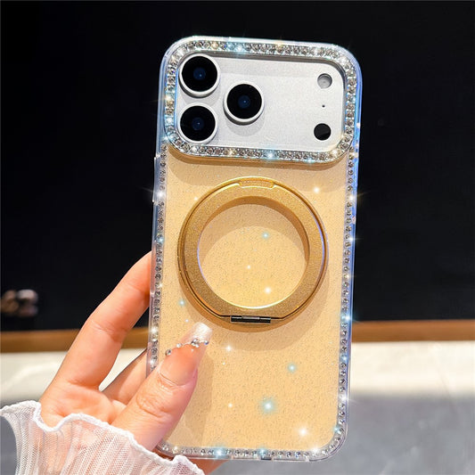 For iPhone 17 Pro Max Case Rhinestone Edge Glitter TPU + PC IMD Phone Cover with 360° Magnetic Ring Stand