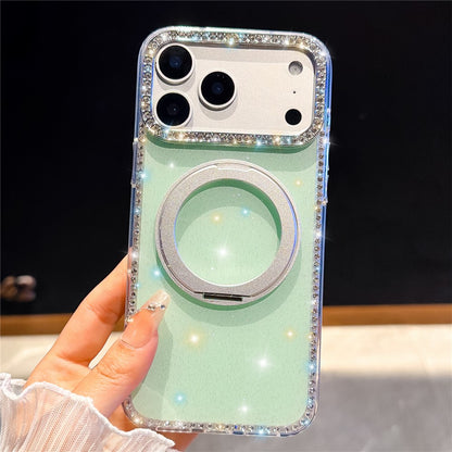 For iPhone 17 Pro Max Case Rhinestone Edge Glitter TPU + PC IMD Phone Cover with 360° Magnetic Ring Stand