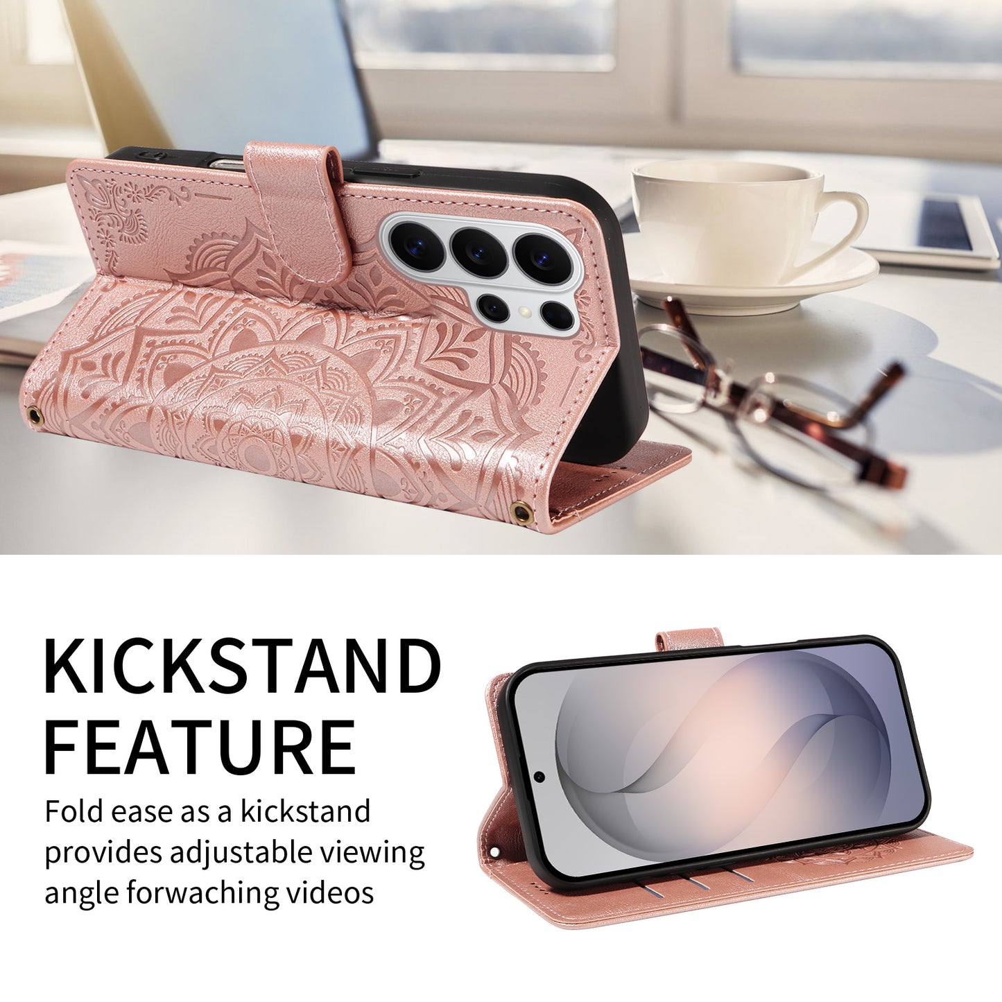 For Samsung Galaxy S26 Ultra Wallet Case Embossed Mandala Pattern PU Leather + TPU Cover with Wrist Strap