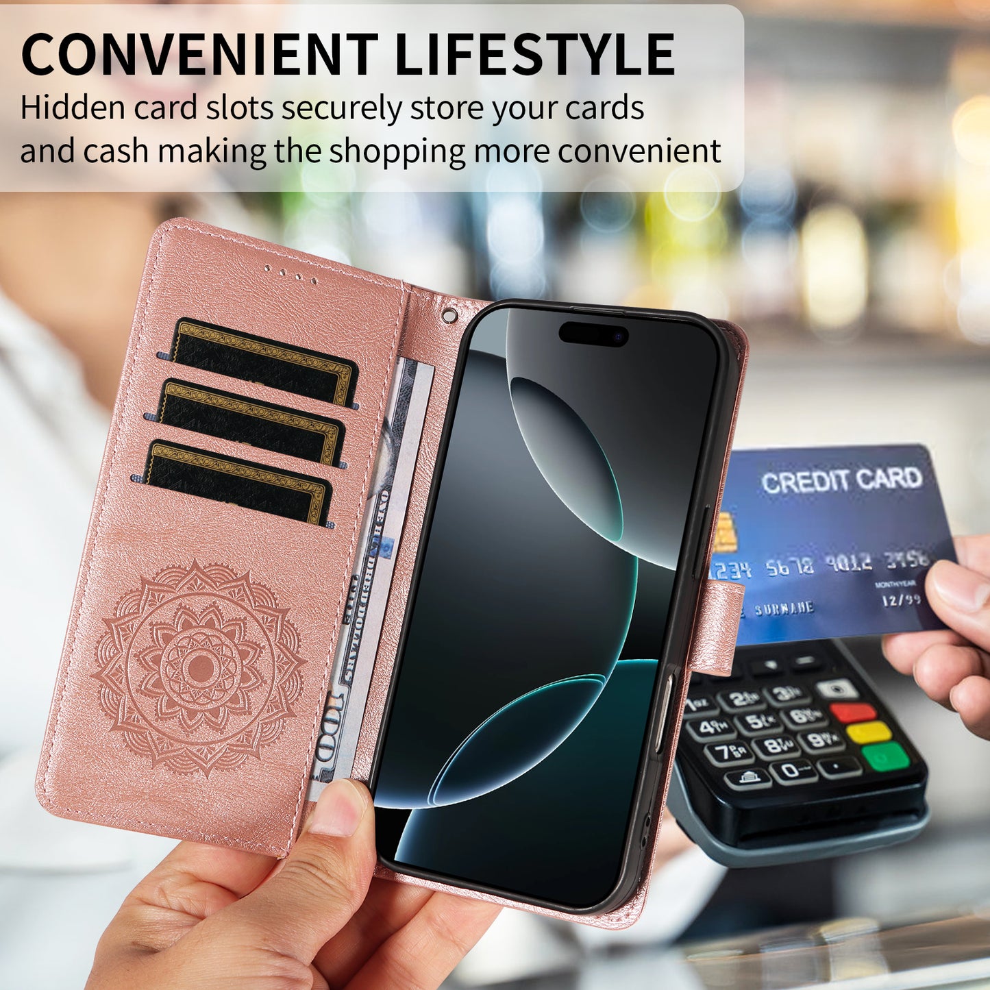 For Samsung Galaxy S26 Ultra Wallet Case Embossed Mandala Pattern PU Leather + TPU Cover with Wrist Strap