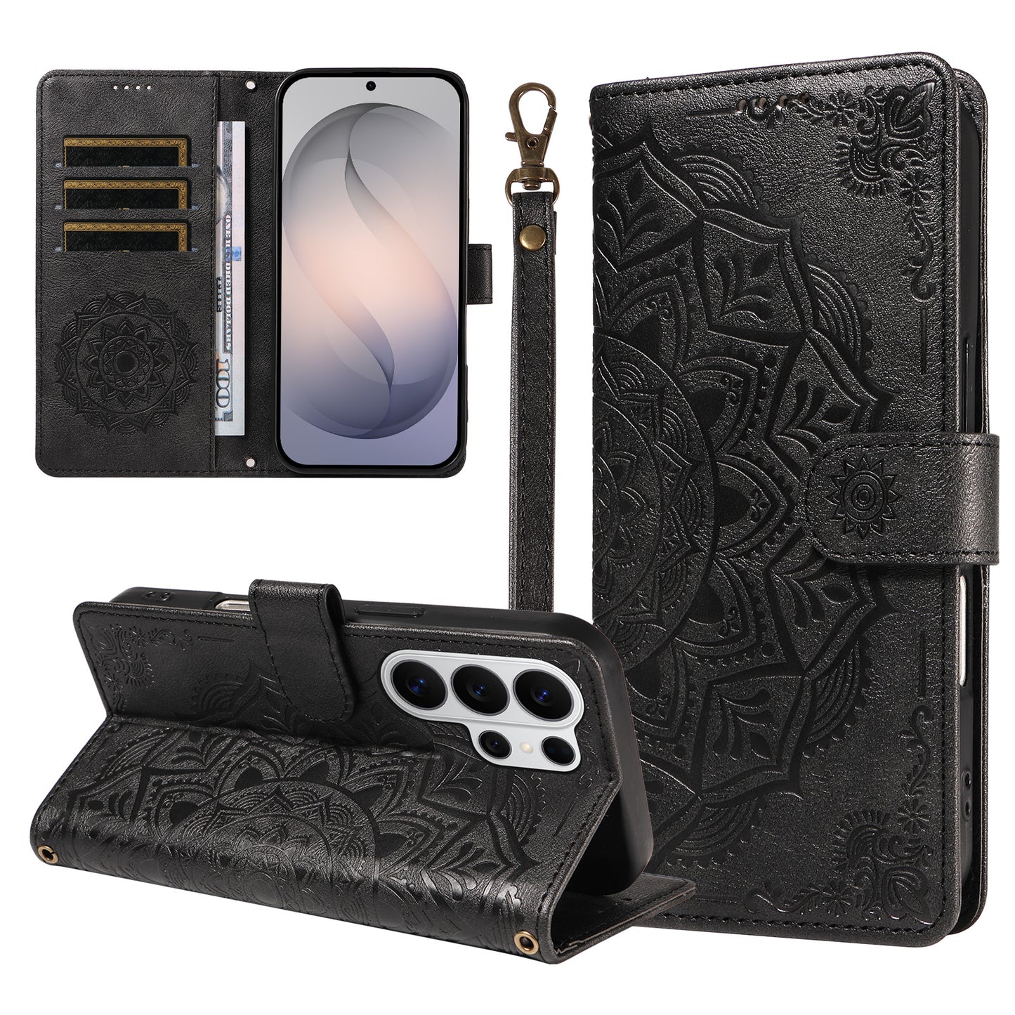 For Samsung Galaxy S26 Ultra Wallet Case Embossed Mandala Pattern PU Leather + TPU Cover with Wrist Strap