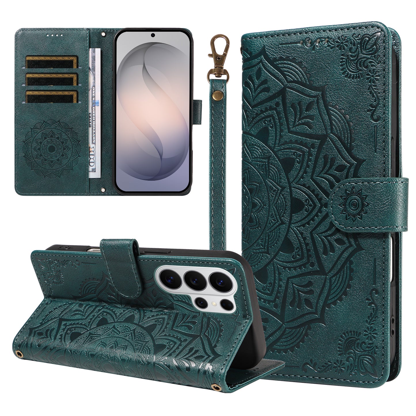 For Samsung Galaxy S26 Ultra Wallet Case Embossed Mandala Pattern PU Leather + TPU Cover with Wrist Strap