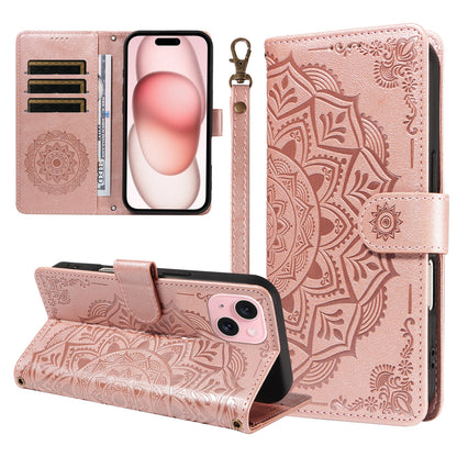 For iPhone 15 Wallet Case Embossed Mandala Pattern PU Leather + TPU Cover with Wrist Strap