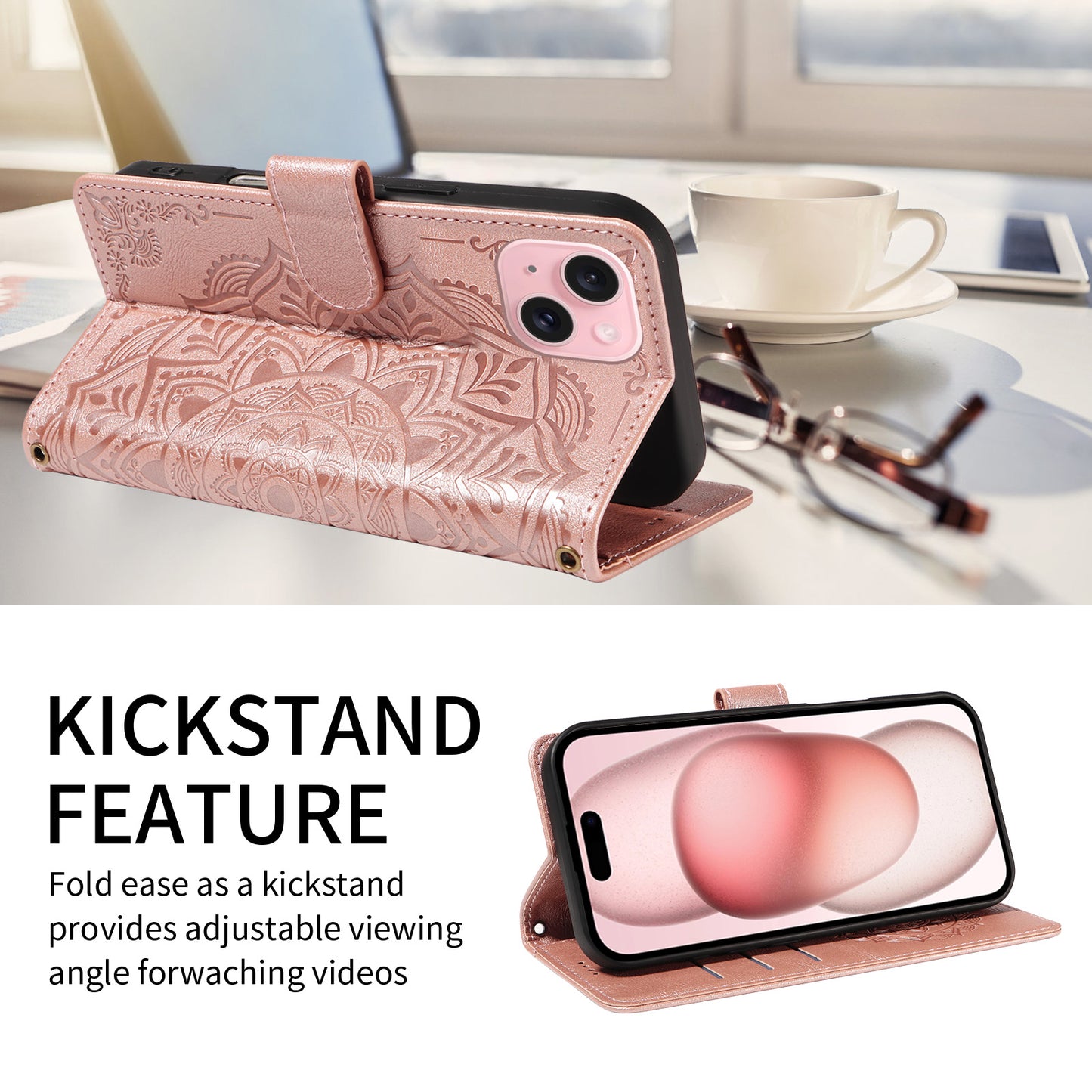 For iPhone 15 Wallet Case Embossed Mandala Pattern PU Leather + TPU Cover with Wrist Strap