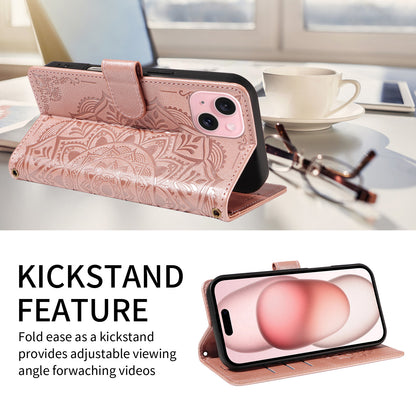 For iPhone 15 Wallet Case Embossed Mandala Pattern PU Leather + TPU Cover with Wrist Strap
