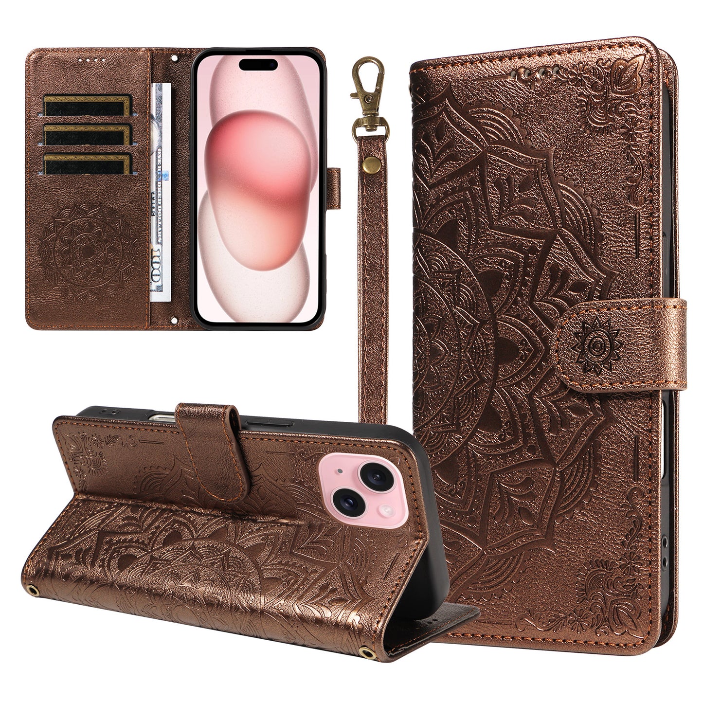 For iPhone 15 Wallet Case Embossed Mandala Pattern PU Leather + TPU Cover with Wrist Strap