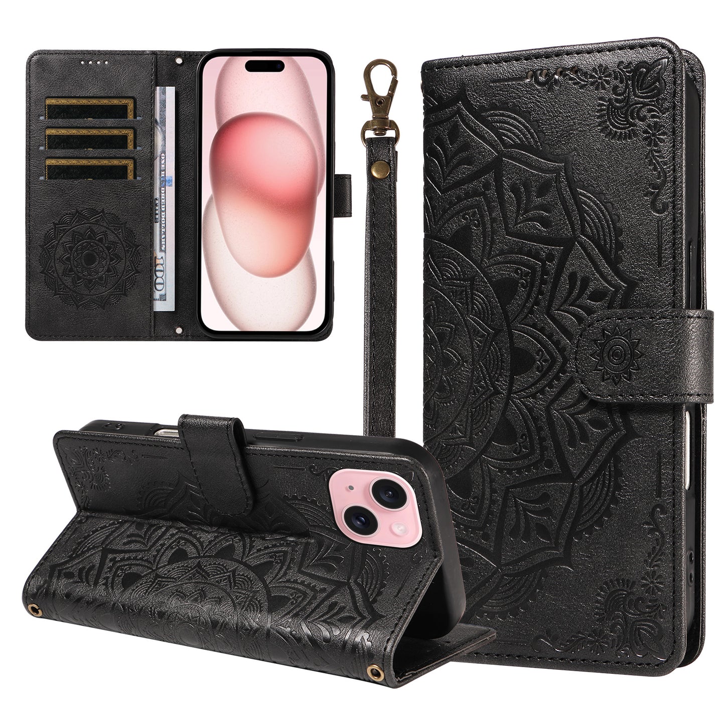 For iPhone 15 Wallet Case Embossed Mandala Pattern PU Leather + TPU Cover with Wrist Strap