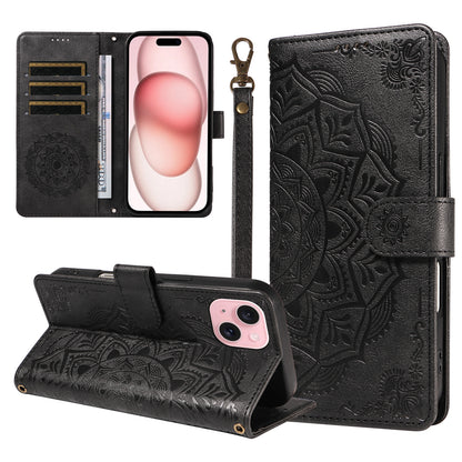 For iPhone 15 Wallet Case Embossed Mandala Pattern PU Leather + TPU Cover with Wrist Strap