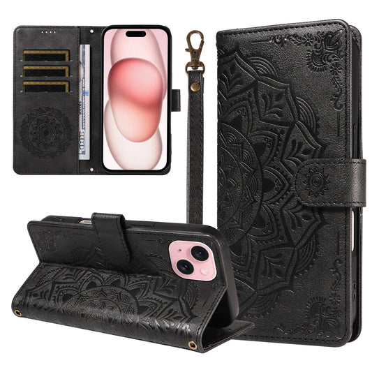 For iPhone 15 Wallet Case Embossed Mandala Pattern PU Leather + TPU Cover with Wrist Strap