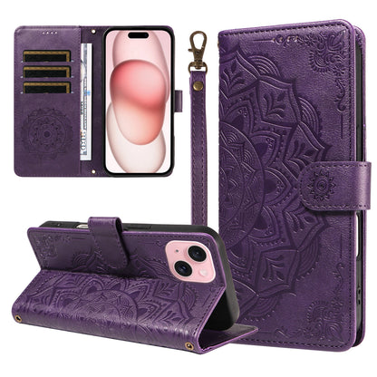For iPhone 15 Wallet Case Embossed Mandala Pattern PU Leather + TPU Cover with Wrist Strap