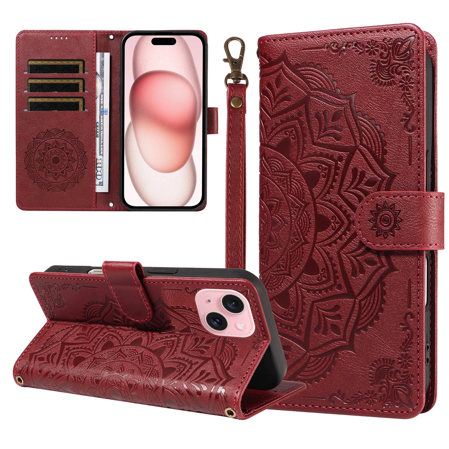 For iPhone 15 Wallet Case Embossed Mandala Pattern PU Leather + TPU Cover with Wrist Strap
