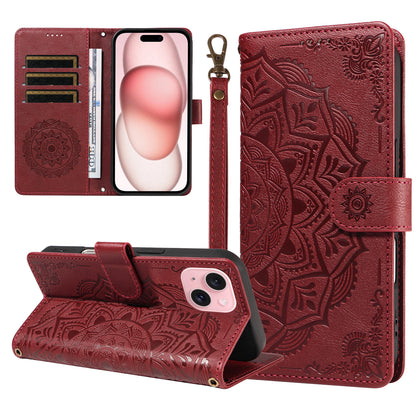For iPhone 15 Wallet Case Embossed Mandala Pattern PU Leather + TPU Cover with Wrist Strap