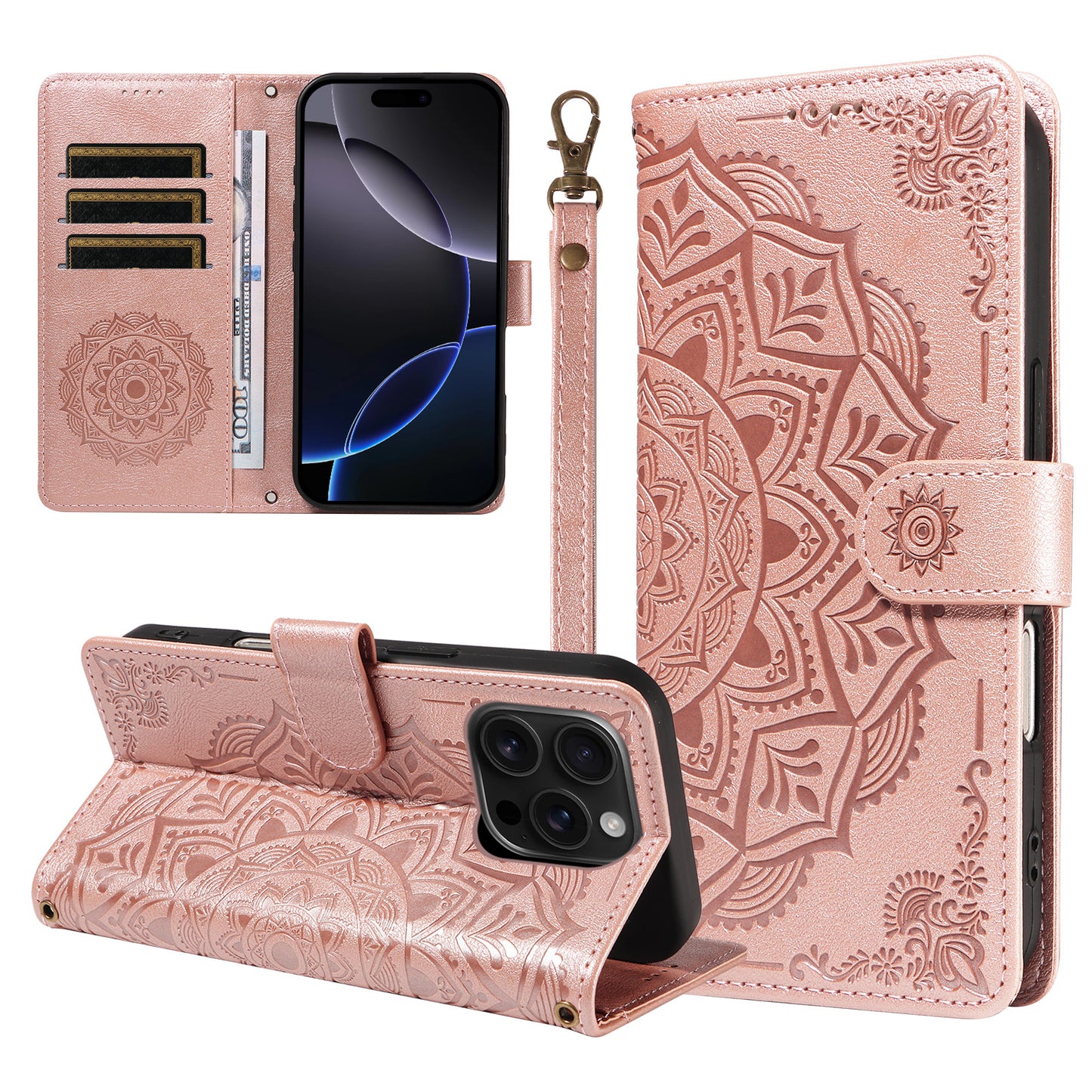 For iPhone 16 Pro Wallet Case Embossed Mandala Pattern PU Leather + TPU Cover with Wrist Strap
