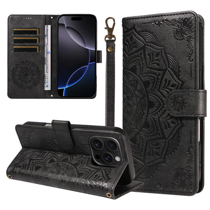 For iPhone 16 Pro Wallet Case Embossed Mandala Pattern PU Leather + TPU Cover with Wrist Strap