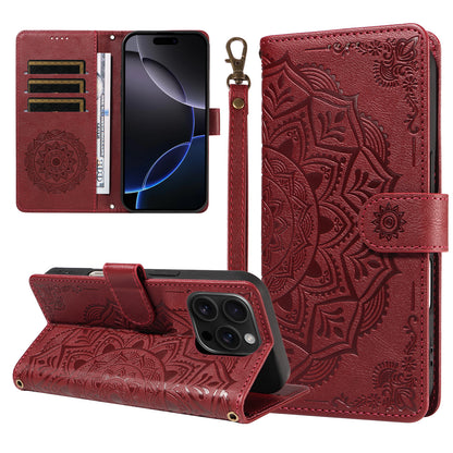 For iPhone 16 Pro Wallet Case Embossed Mandala Pattern PU Leather + TPU Cover with Wrist Strap