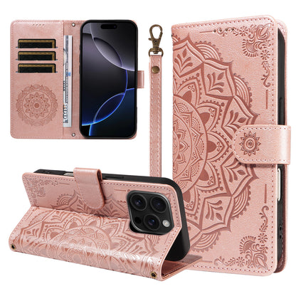 For iPhone 16 Pro Max Wallet Case Embossed Mandala Pattern PU Leather + TPU Cover with Wrist Strap
