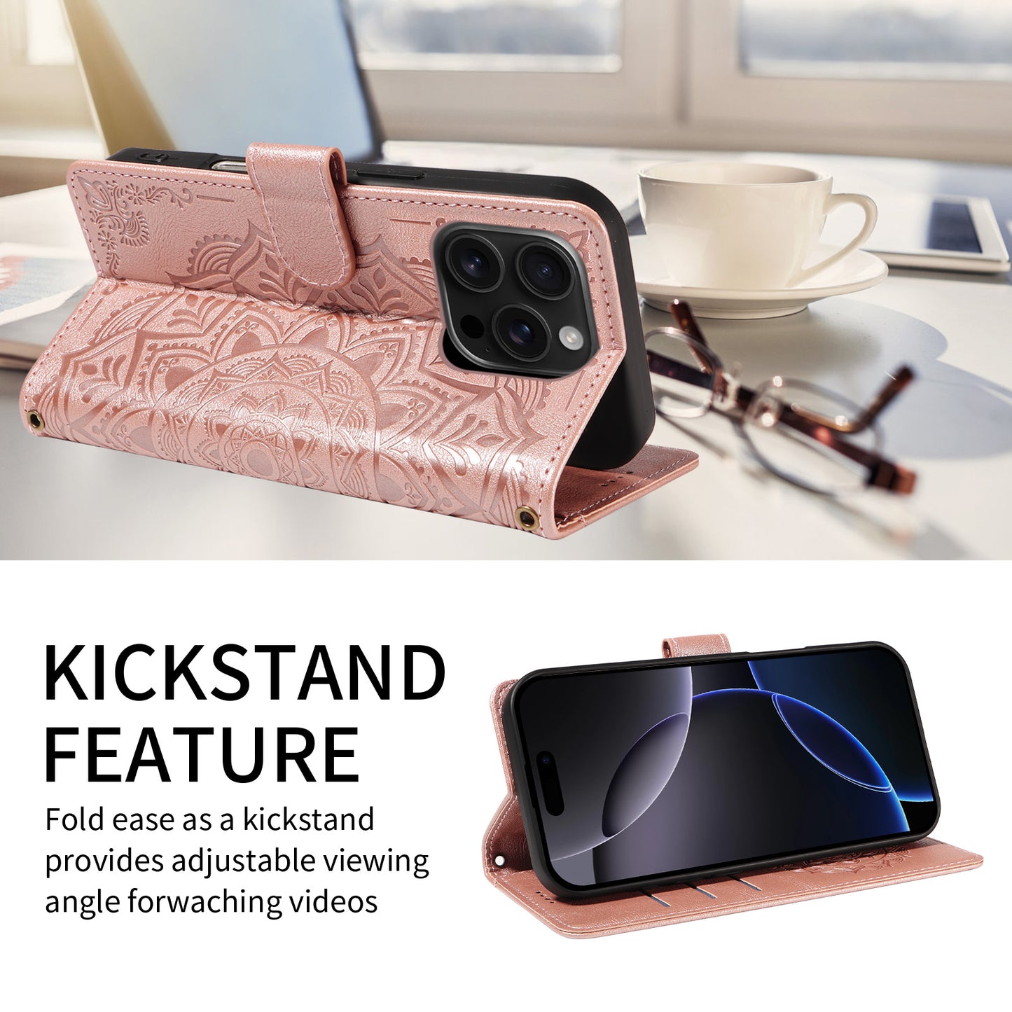 For iPhone 16 Pro Max Wallet Case Embossed Mandala Pattern PU Leather + TPU Cover with Wrist Strap