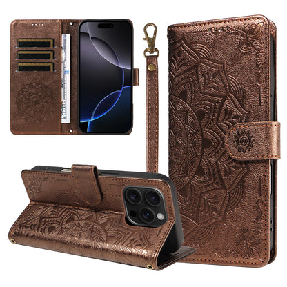For iPhone 16 Pro Max Wallet Case Embossed Mandala Pattern PU Leather + TPU Cover with Wrist Strap