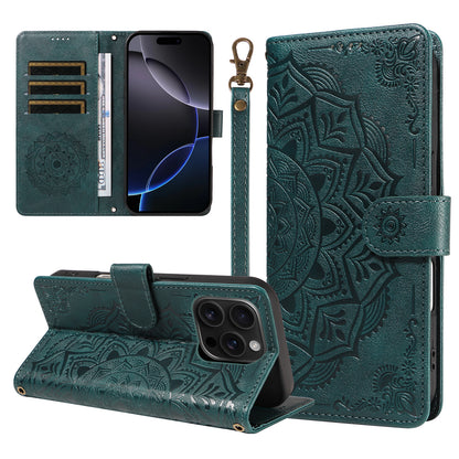 For iPhone 16 Pro Max Wallet Case Embossed Mandala Pattern PU Leather + TPU Cover with Wrist Strap