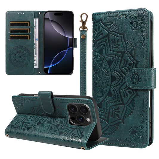 For iPhone 16 Pro Max Wallet Case Embossed Mandala Pattern PU Leather + TPU Cover with Wrist Strap