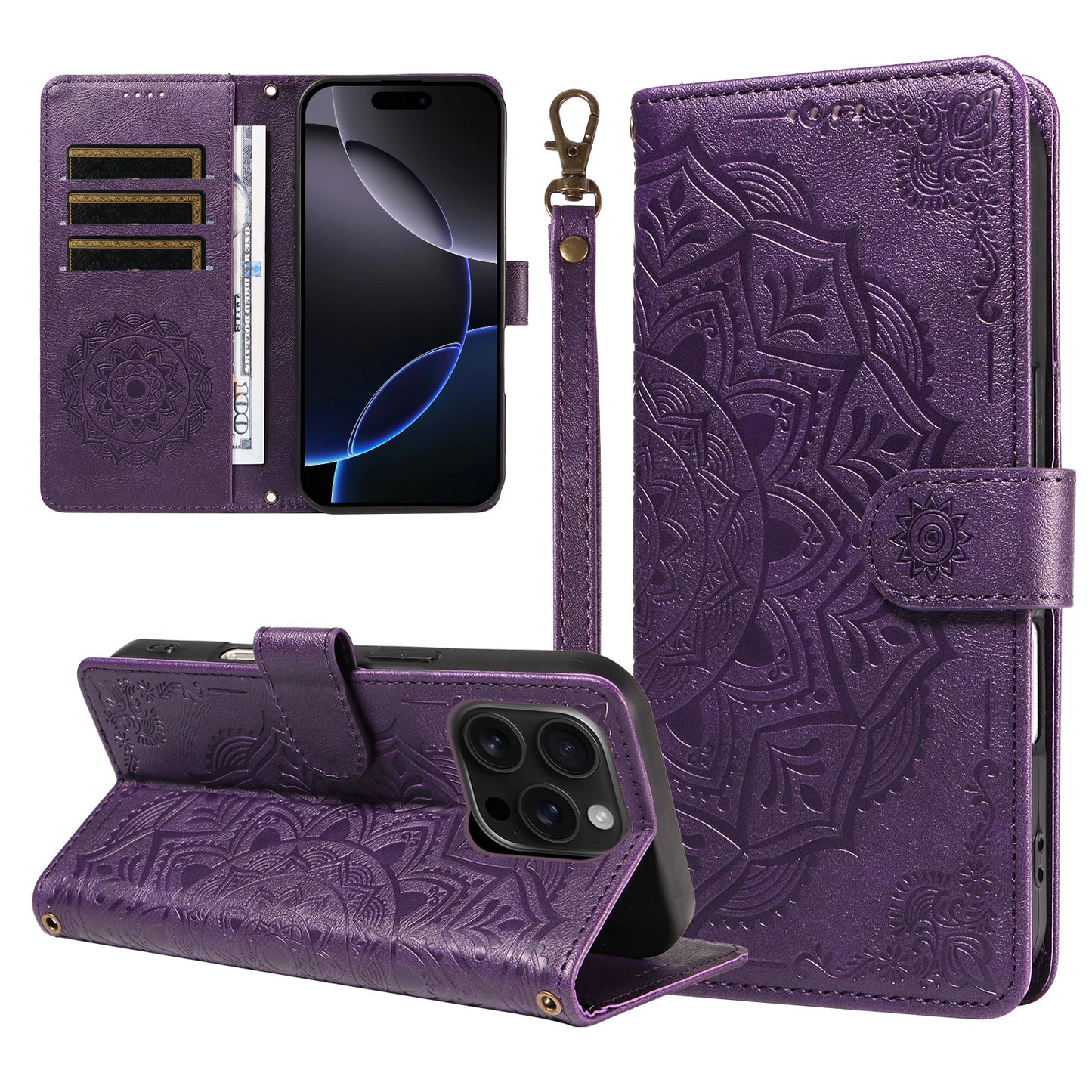 For iPhone 16 Pro Max Wallet Case Embossed Mandala Pattern PU Leather + TPU Cover with Wrist Strap