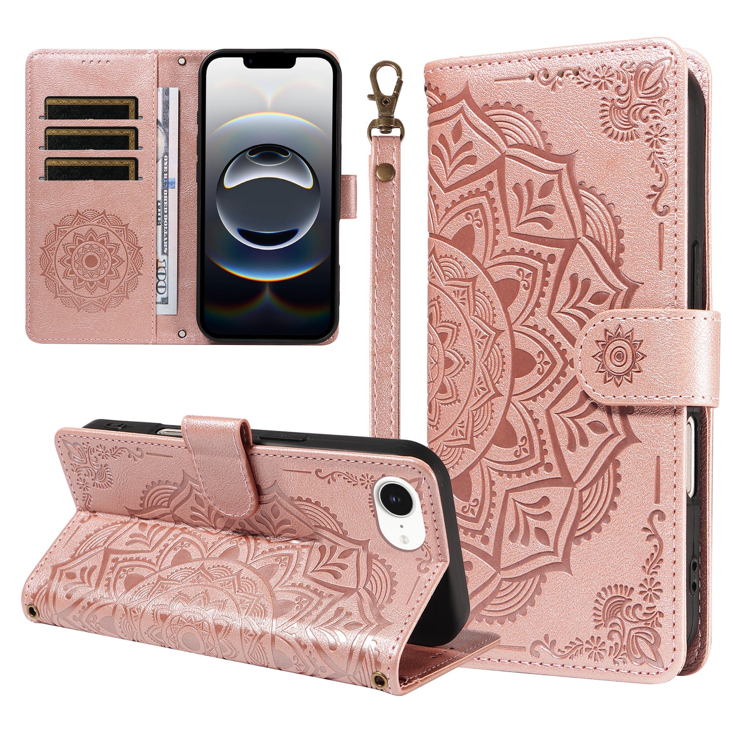 For iPhone 16e / iPhone 17e Wallet Case Embossed Mandala Pattern PU Leather + TPU Cover with Wrist Strap