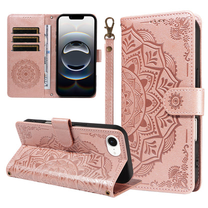 For iPhone 16e / iPhone 17e Wallet Case Embossed Mandala Pattern PU Leather + TPU Cover with Wrist Strap