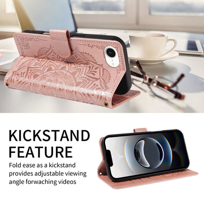 For iPhone 16e / iPhone 17e Wallet Case Embossed Mandala Pattern PU Leather + TPU Cover with Wrist Strap